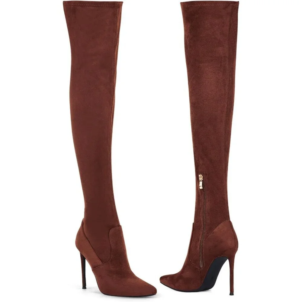 Women Brown Suede Pointed Toe 4.3 inch Stilettos Thigh High Stretch Heels Boots